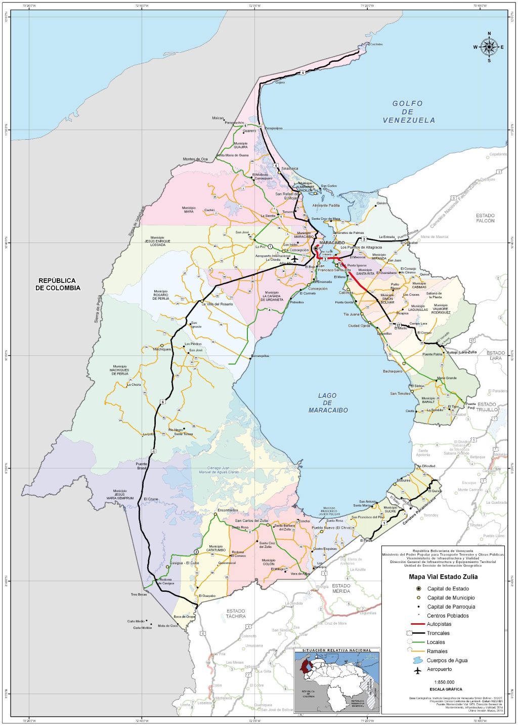Mapa de carreteras del estado Zulia.