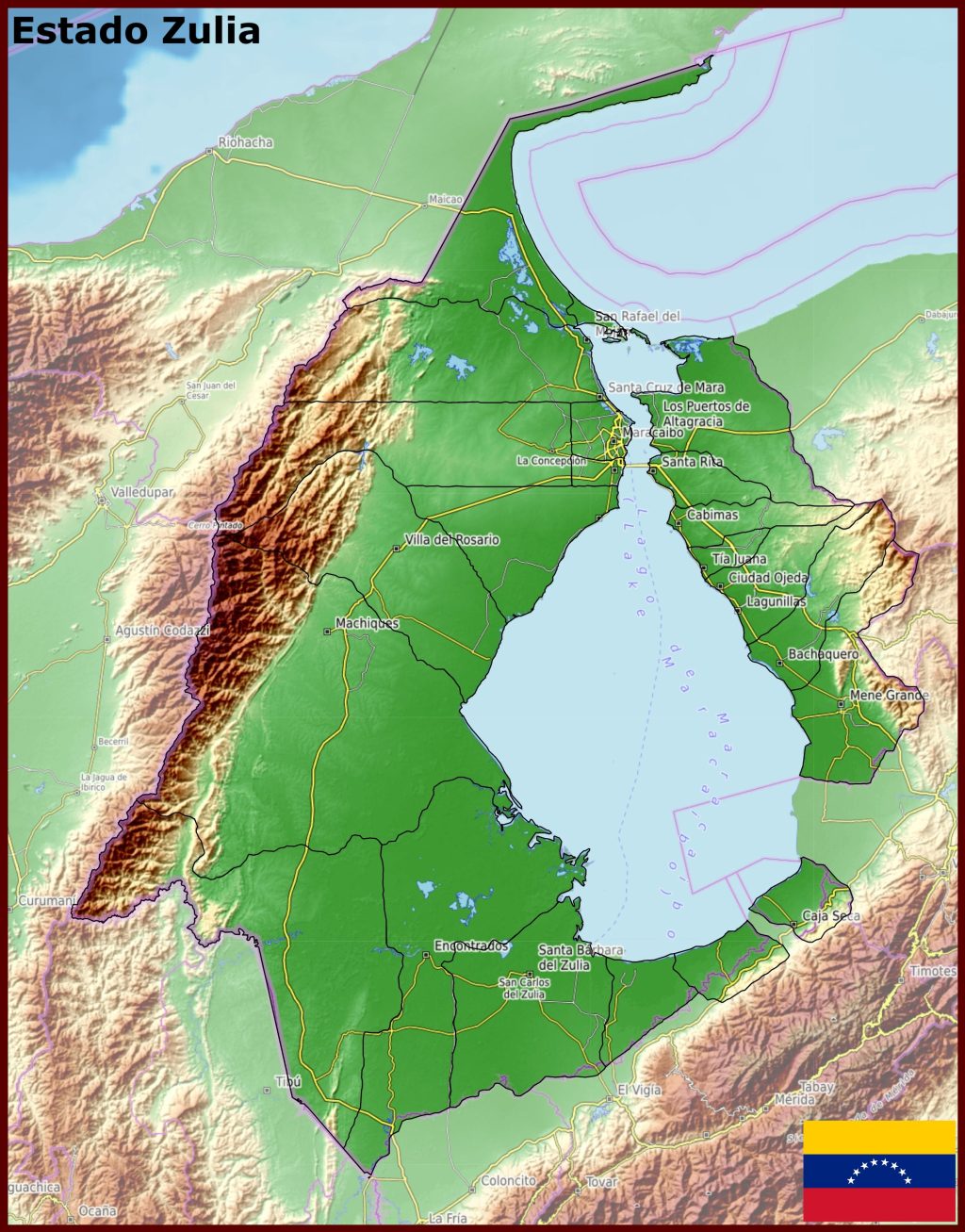 Mapa f&iacute;sico del estado Zulia.