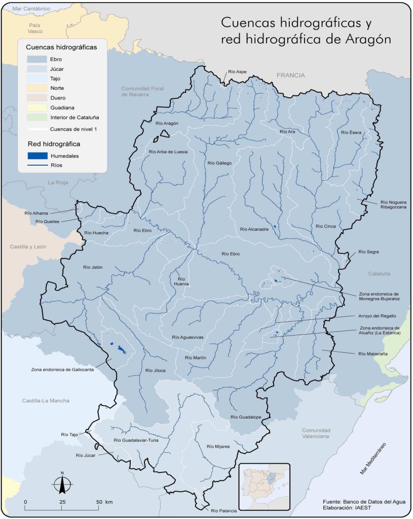 Mapa de las cuencas hidrográficas y red hidrográfica de Aragón.