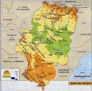 Mapa del relieve de Aragón.