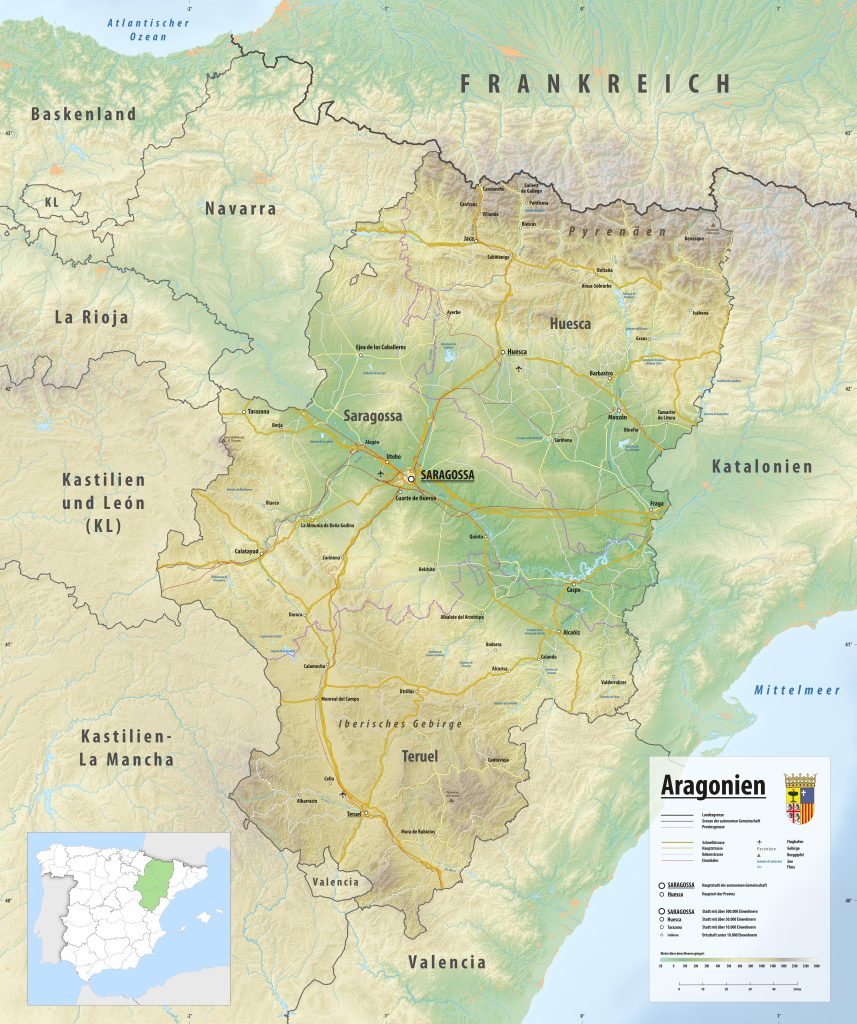 Mapa físico de Aragón.