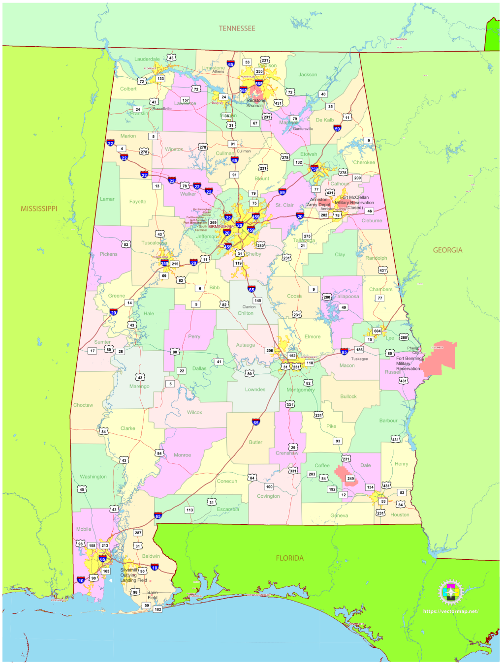 Mapa pol&iacute;tico del estado de Alabama.