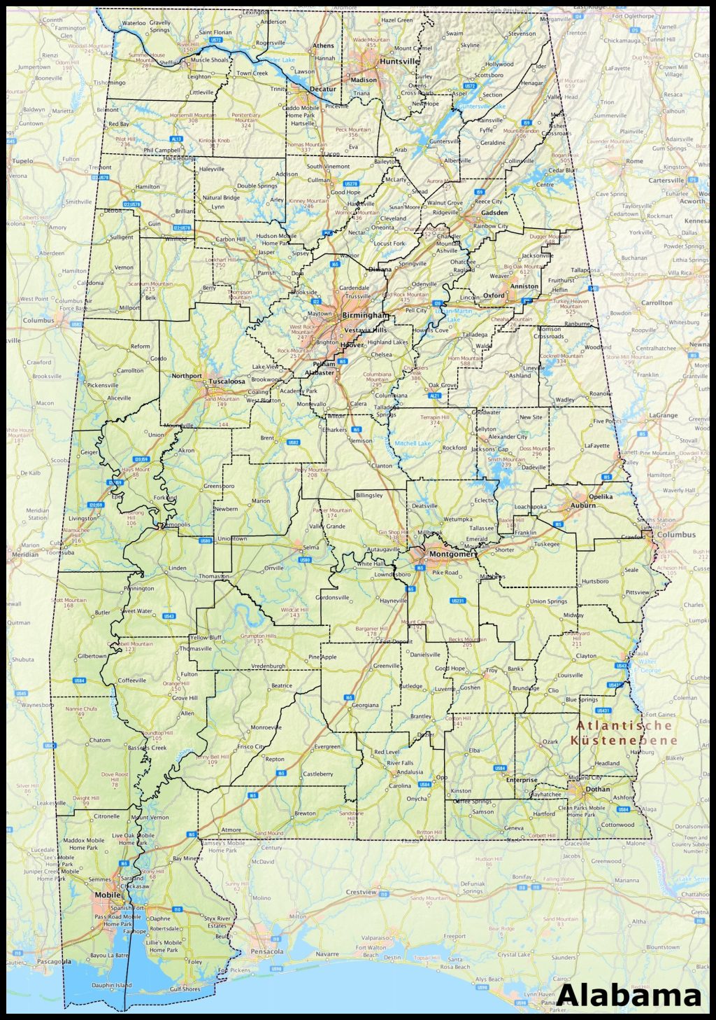 Mapa del estado de Alabama.