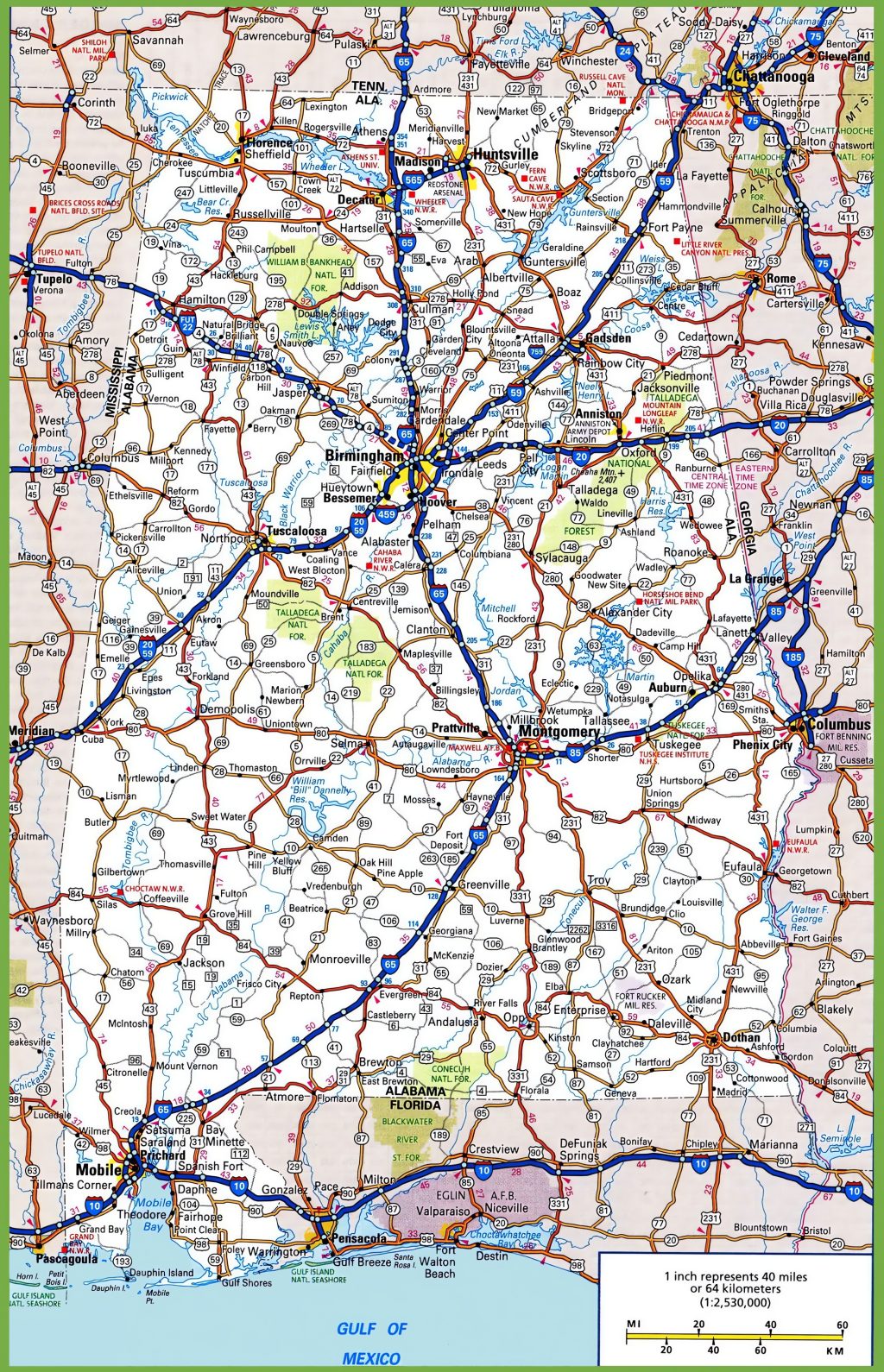 Mapa de carreteras del estado de Alabama.