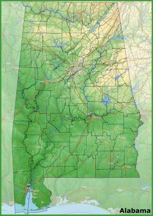 Mapa f&iacute;sico del estado de Alabama