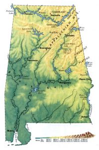 Mapa topogr&aacute;fico del estado de Alabama.
