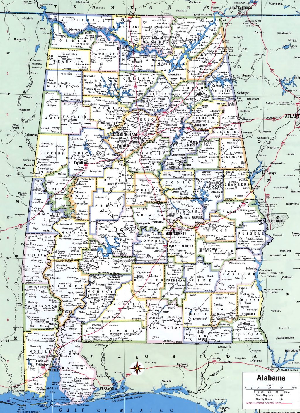 Mapa de las ciudades y pueblos del estado de Alabama.