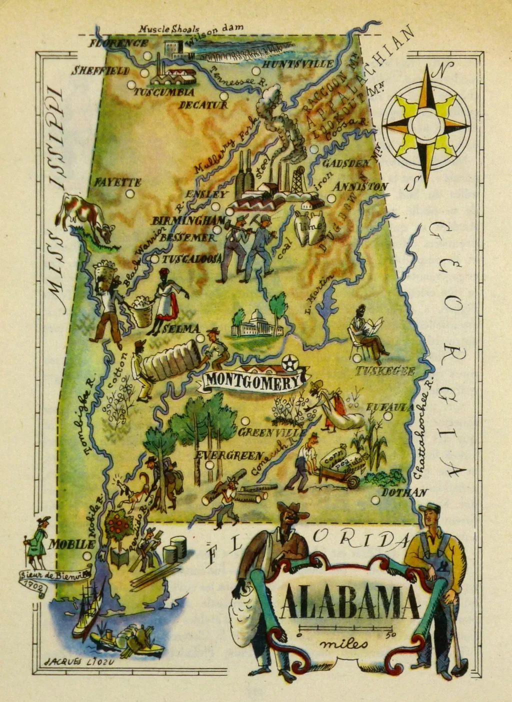 Mapa tur&iacute;stico pict&oacute;rico de Alabama de los a&ntilde;os 1940.