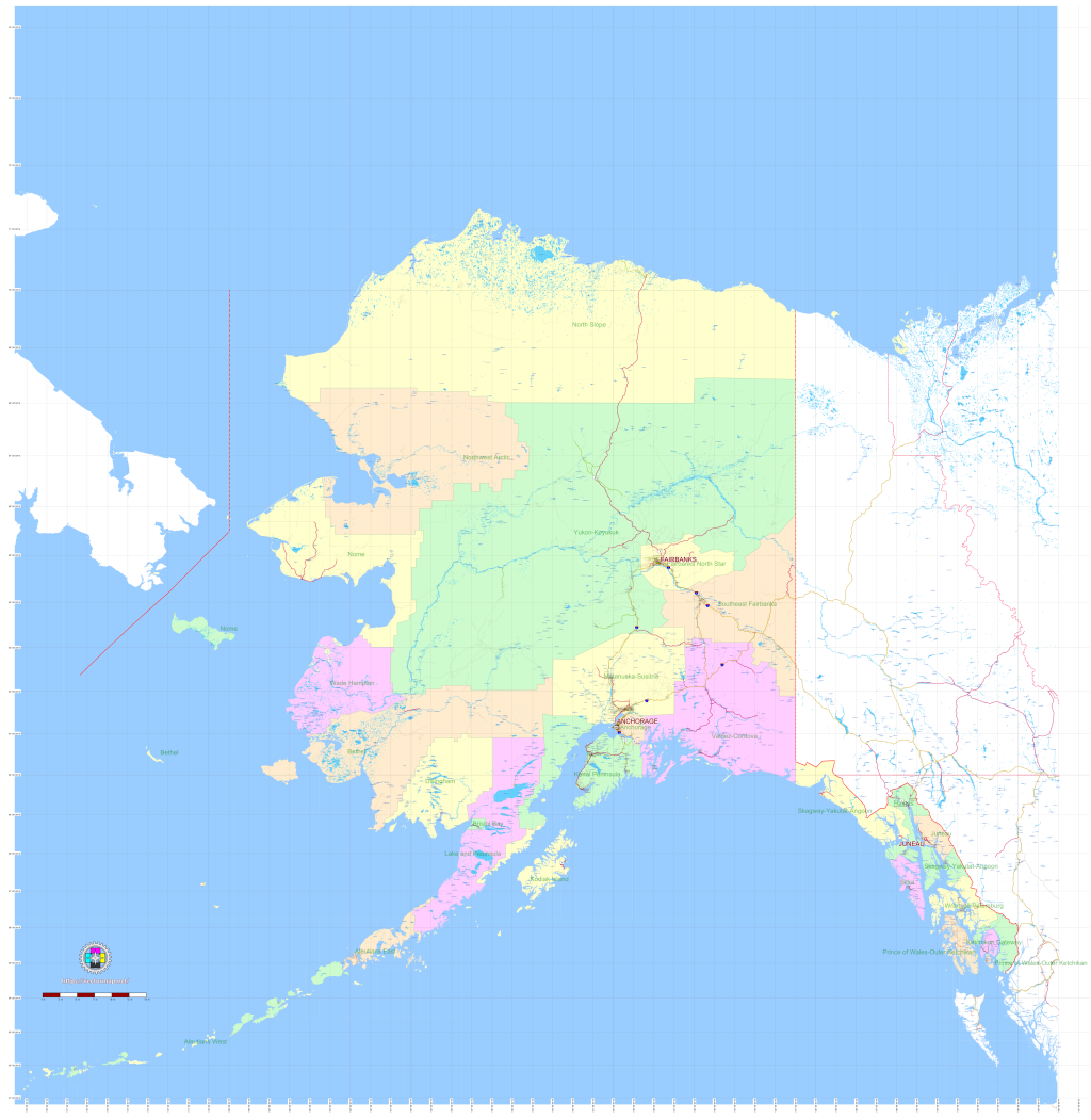 Mapa pol&iacute;tico del estado de Alaska.