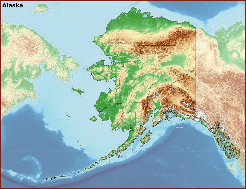 Mapa f&iacute;sico del estado de Alaska.