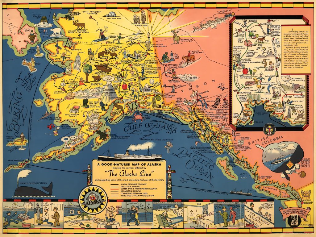 Mapa tur&iacute;stico pict&oacute;rico de Alaska de la Alaska Steamship Company 1934.