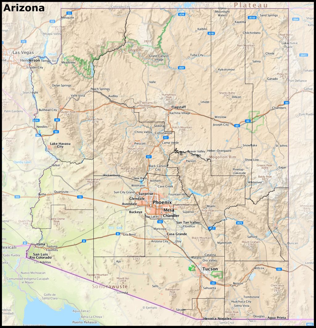 Mapa del estado de Arizona.
