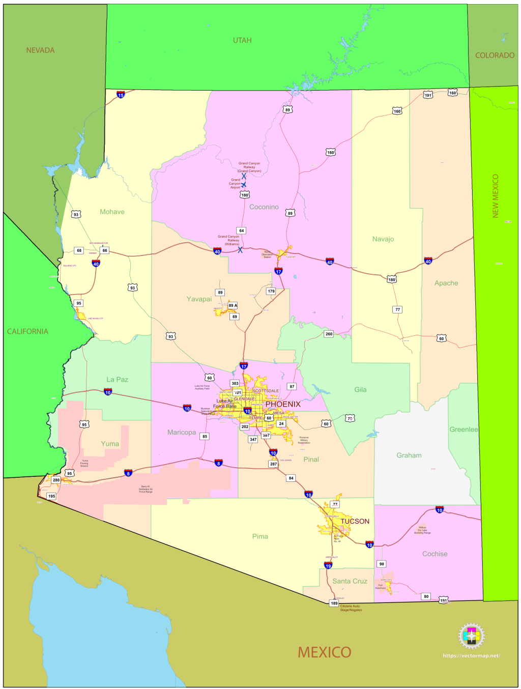 Mapa pol&iacute;tico del estado de Arizona.