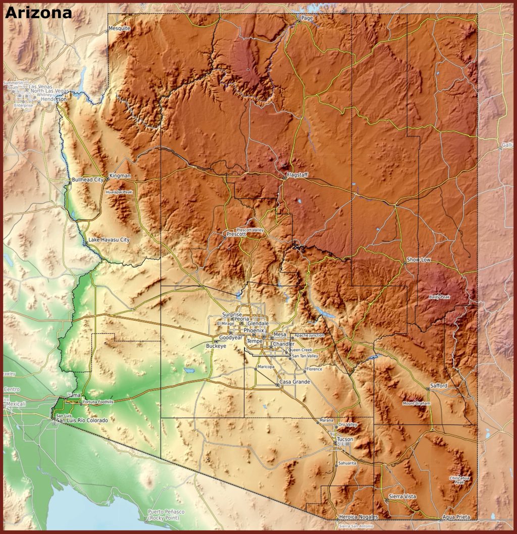 Mapa f&iacute;sico del estado de Arizona.