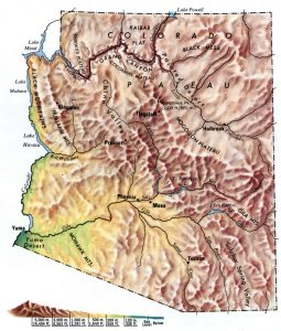 Mapa topogr&aacute;fico del estado de Arizona.