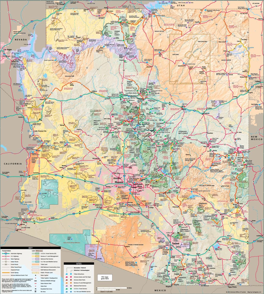 Mapa tur&iacute;stico del estado de Arizona.