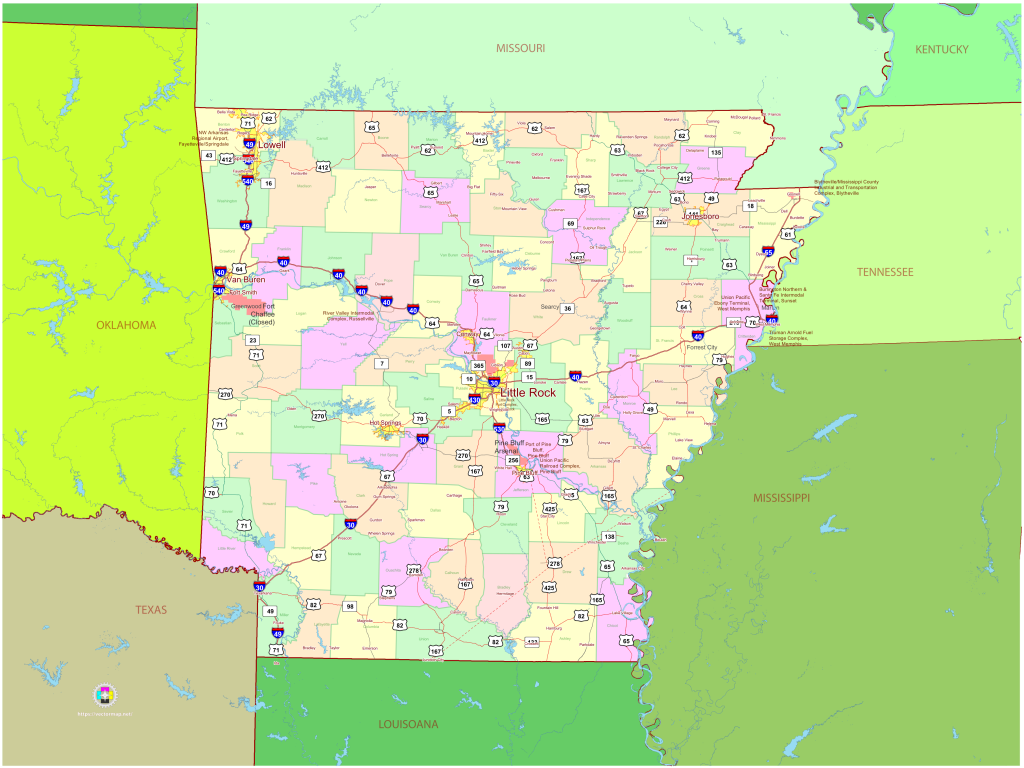Mapa pol&iacute;tico del estado de Arkansas.