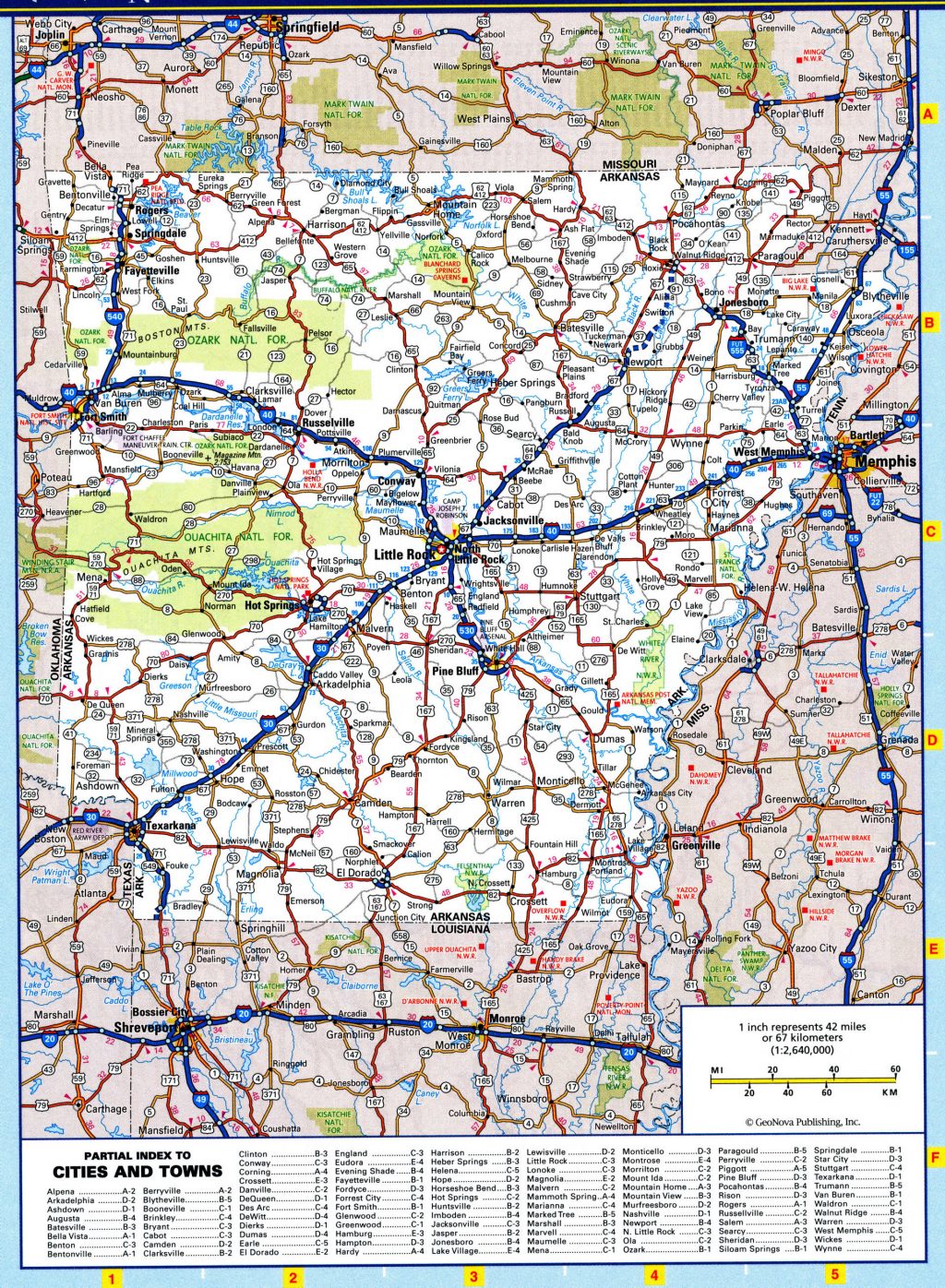 Mapa de carreteras del estado de Arkansas.