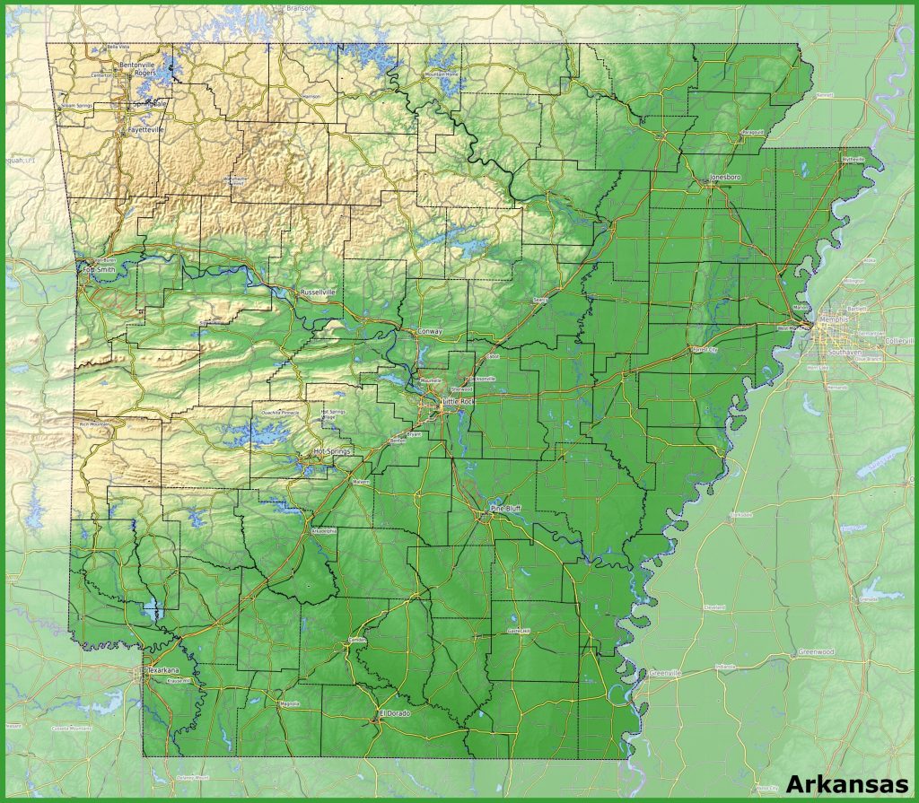 Mapa f&iacute;sico del estado de Arkansas.