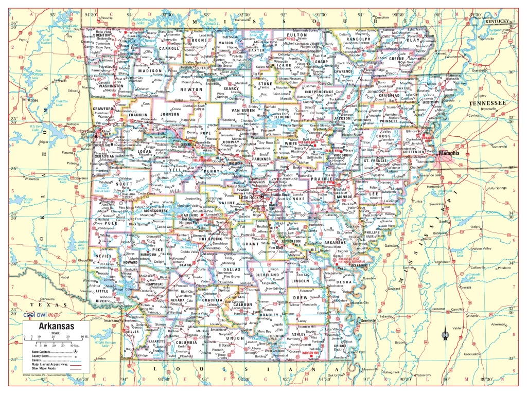 Mapa de las ciudades y pueblos del estado de Arkansas.