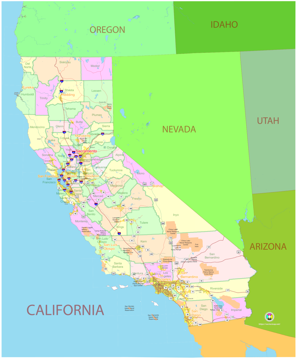 Mapa pol&iacute;tico del estado de California.