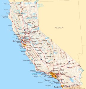 Mapa de relieve sombreado de California.