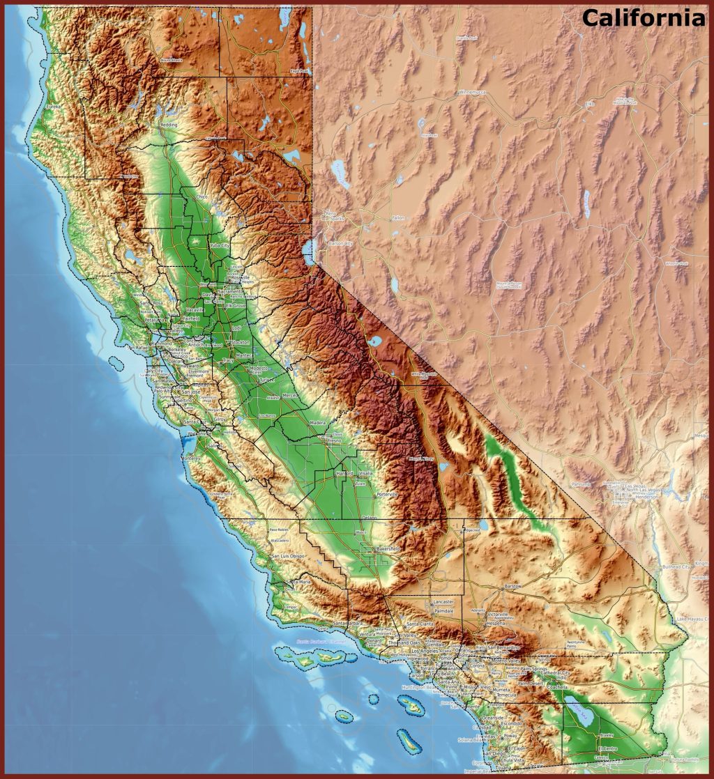 Mapa f&iacute;sico del estado de California.
