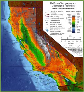Mapa topogr&aacute;fico de California.