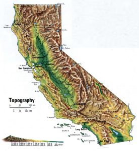 Mapa topogr&aacute;fico del estado de California.
