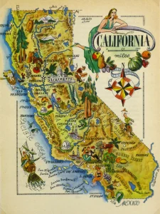 Mapa tur&iacute;stico pict&oacute;rico de California de los a&ntilde;os 1940.