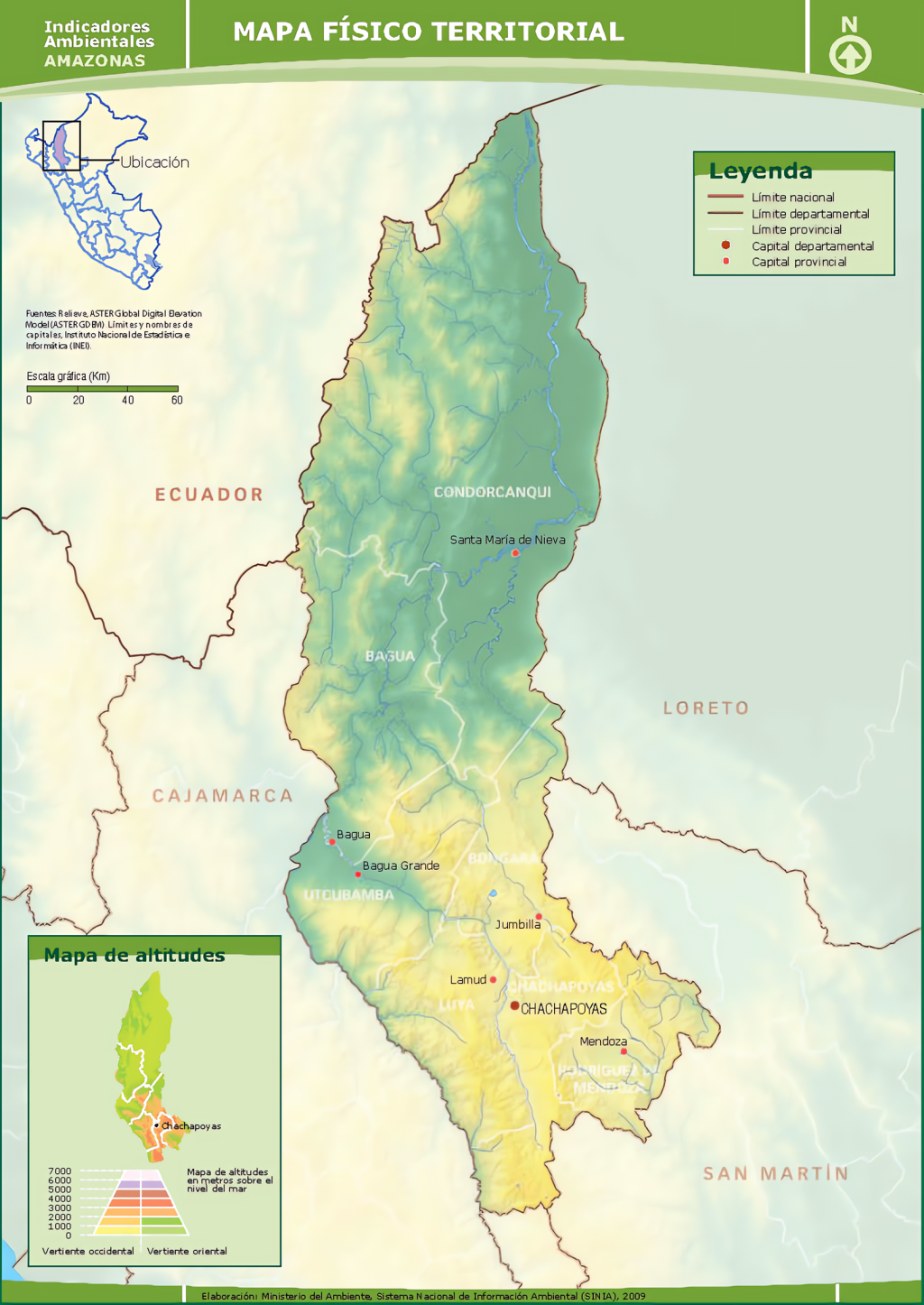 Mapa f&iacute;sico del departamento de Amazonas, Per&uacute;.