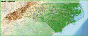 Mapa f&iacute;sico del estado de Carolina del Norte