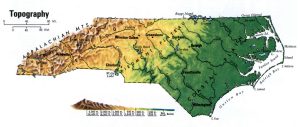 Mapa topogr&aacute;fico del estado de Carolina del Norte.