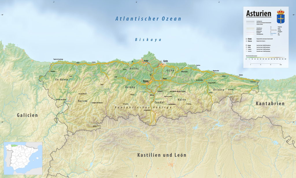 Mapa físico de Asturias.