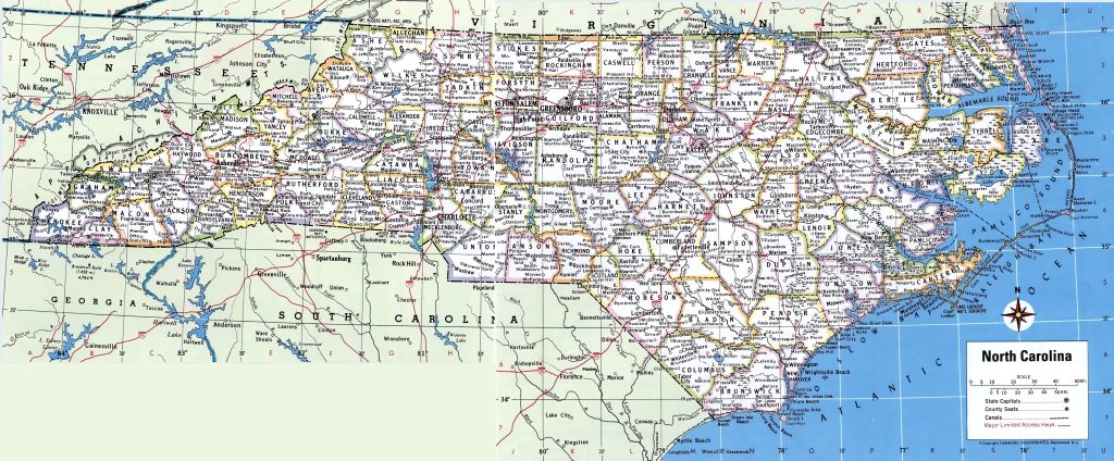 Mapa de las ciudades y pueblos del estado de Carolina del Norte.