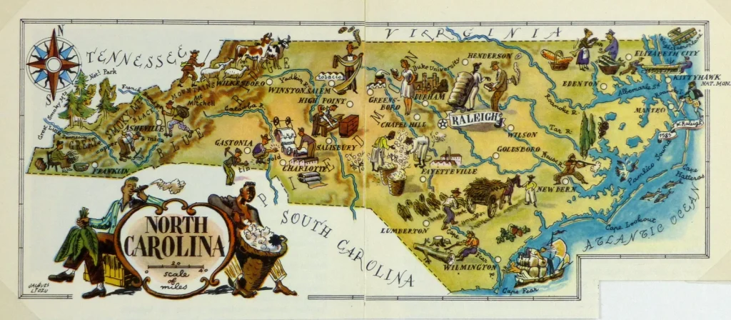 Mapa tur&iacute;stico pict&oacute;rico de Carolina del Norte de los a&ntilde;os 1940.