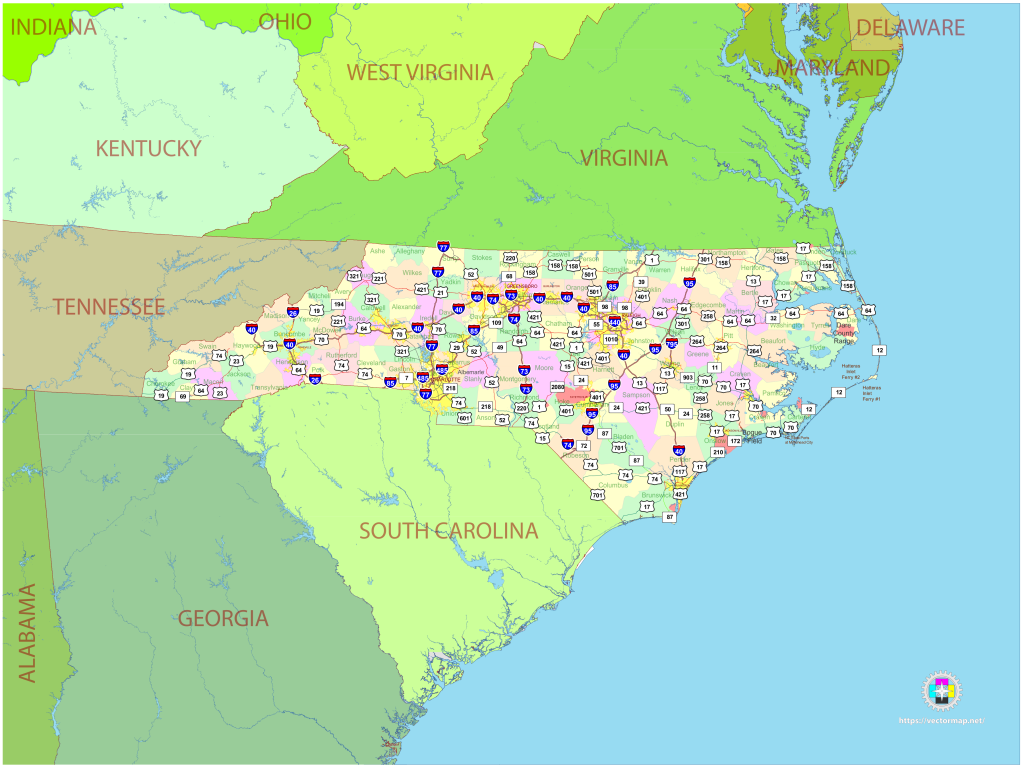 Mapa pol&iacute;tico del estado de Carolina del Norte.