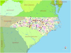 Mapa pol&iacute;tico del estado de Carolina del Norte