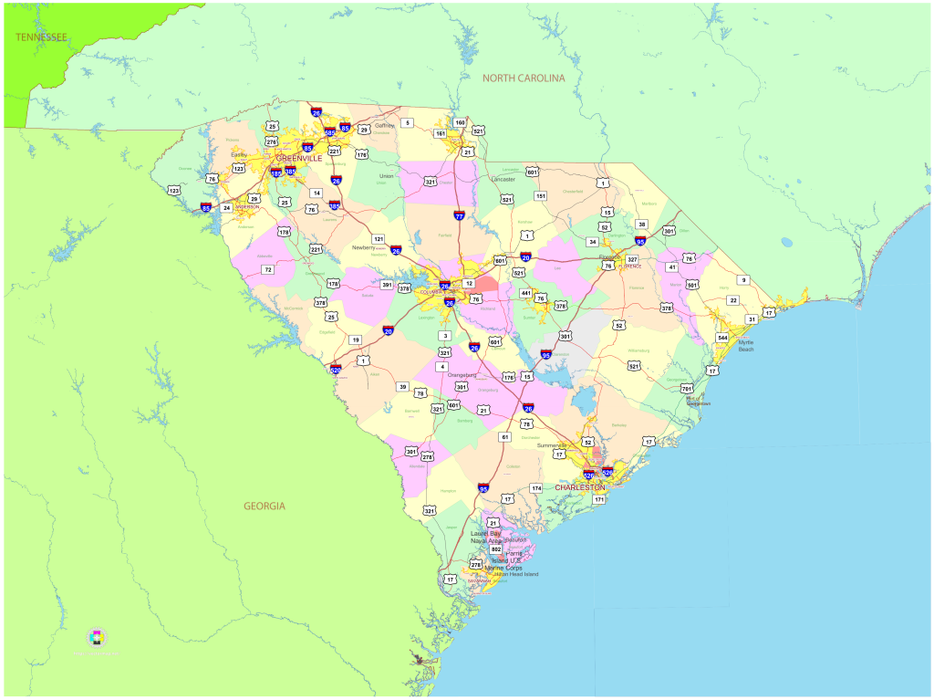 Mapa pol&iacute;tico del estado de Carolina del Sur.