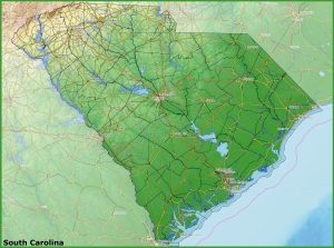 Mapa f&iacute;sico del estado de Carolina del Sur