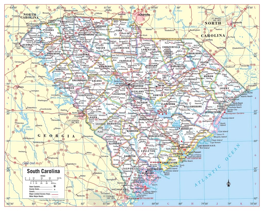 Mapa de las ciudades y pueblos del estado de Carolina del Sur.