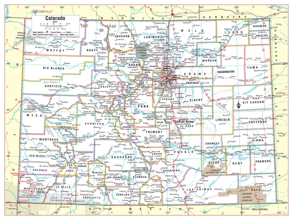 Mapa de las ciudades y pueblos del estado de Colorado.