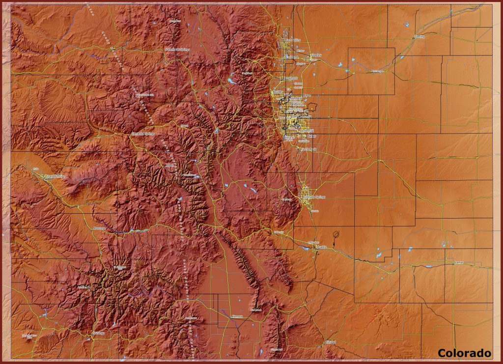 Mapa f&iacute;sico del estado de Colorado.