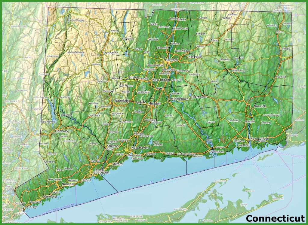 Mapa f&iacute;sico del estado de Connecticut.