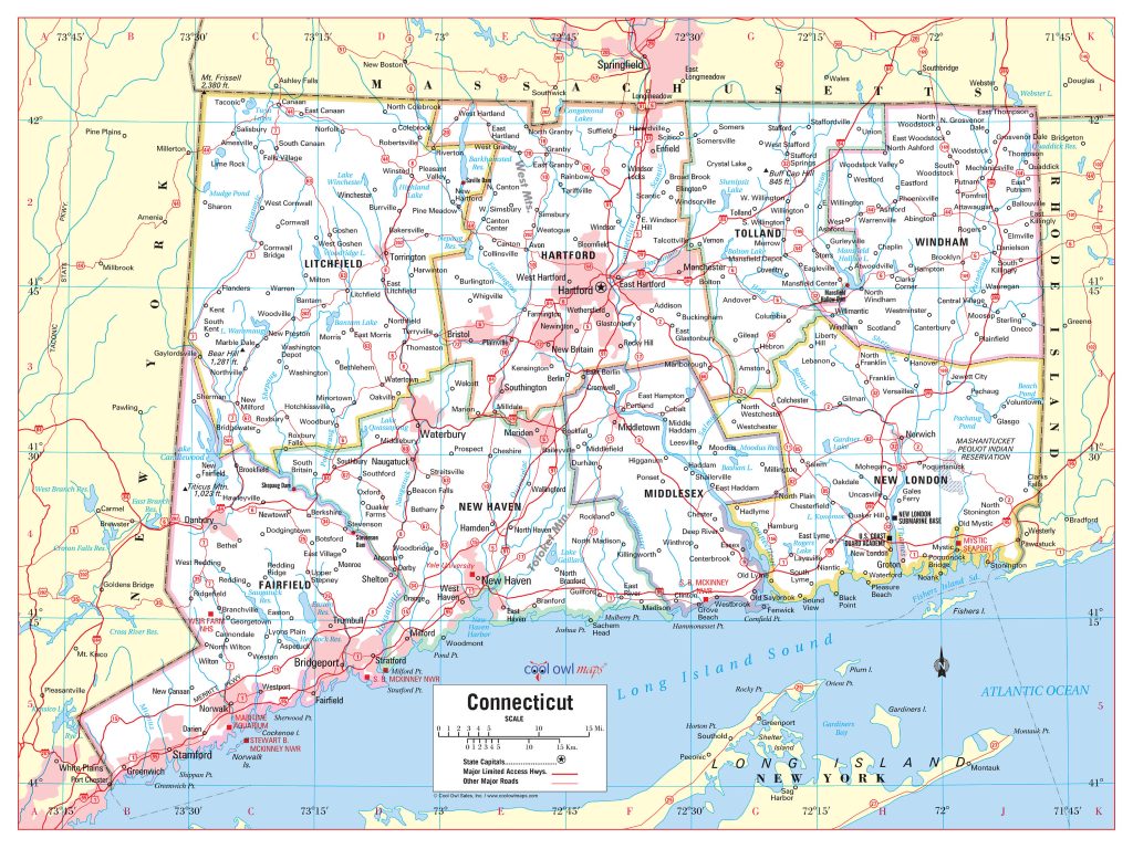 Mapa de las ciudades y pueblos de Connecticut.
