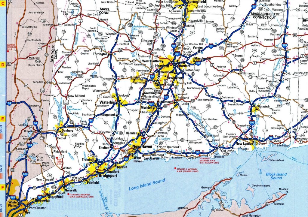 Mapa de carreteras del estado de Connecticut.