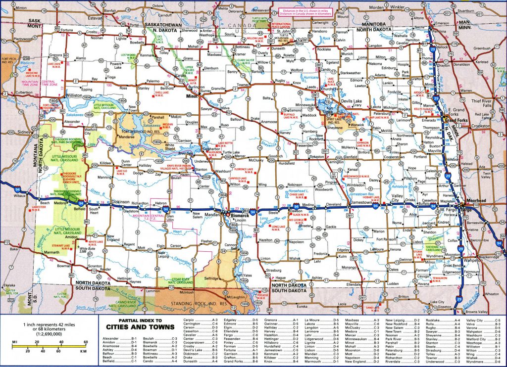 Mapa de carreteras del estado de Dakota del Norte.