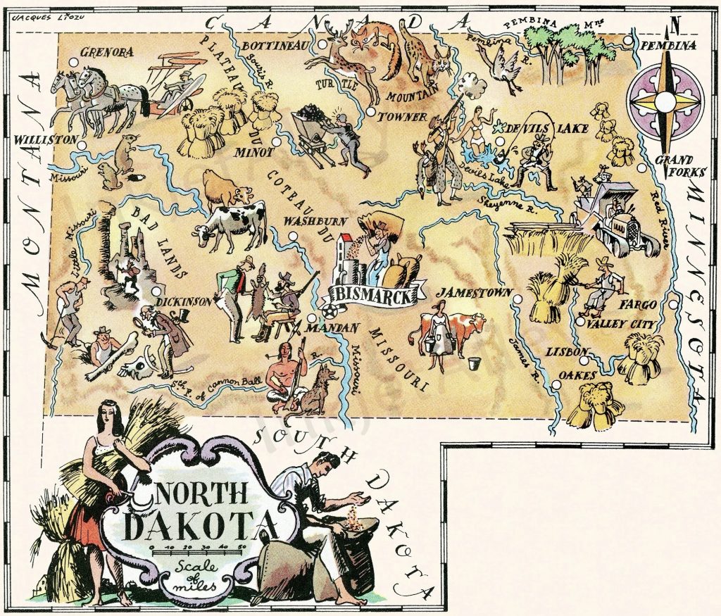 Mapa tur&iacute;stico pict&oacute;rico de Dakota del Norte de los a&ntilde;os 1940.