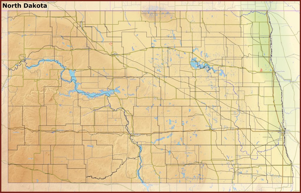 Mapa f&iacute;sico del estado de Dakota del Norte.