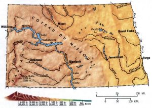 Mapa topogr&aacute;fico del estado de Dakota del Norte.